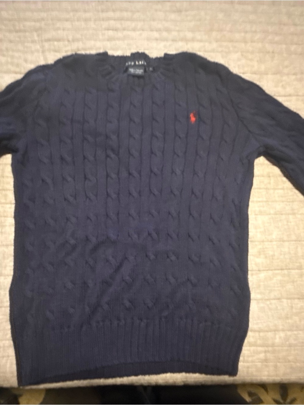Ralph Lauren Navy Cable Crewneck Sweater with Red Polo Emblem, Size S